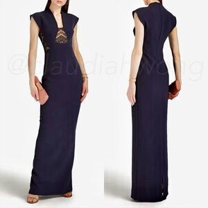 SAFIYAA Tabitha Lace Paneled Stretch Crepe Gown in Midnight Blue